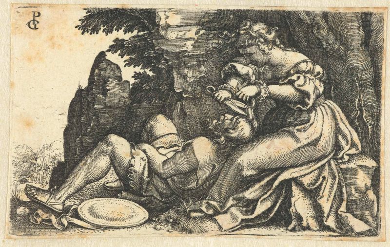Gravura de Georg Pencz mostrando Dalila cortando o cabelo de Sansão.