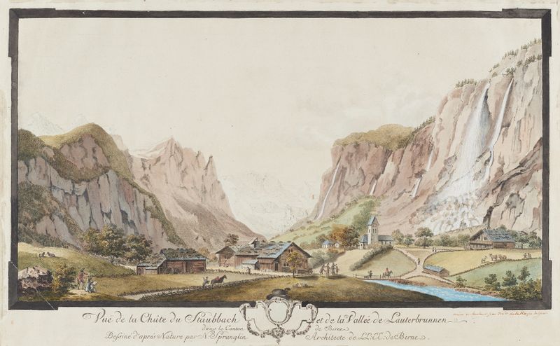 Landscape featuring a waterfall and valley by Niklaus Sprüngli