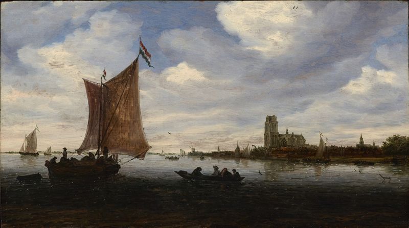 View of Dordrecht by Salomon van Ruysdael, oil on canvas depicting a river with boats and a village.