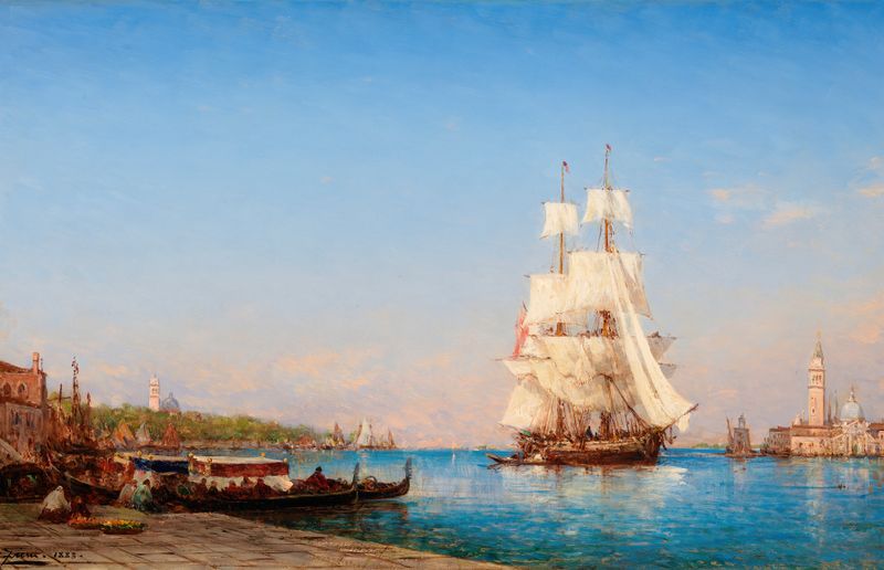 Pintura al óleo de Félix Ziem que representa un barco de vela contra el horizonte de Venecia