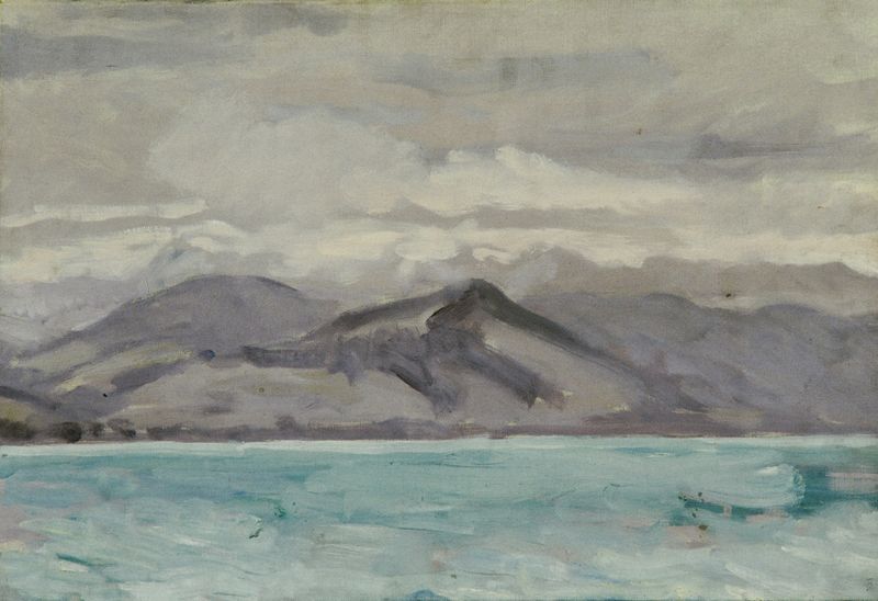 Seelandschaft de Walther Gamerith, óleo sobre lienzo que muestra un lago tranquilo al atardecer con nubes suaves.