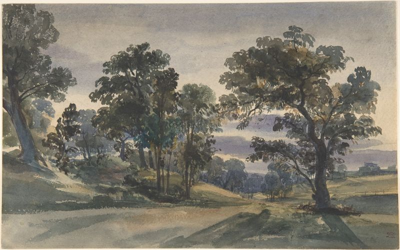 A Parkland View at Dusk, oil on canvas by William Leighton Leitch, depicting lush foliage at sunset.