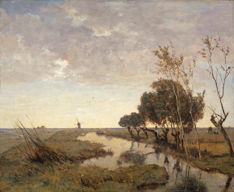 A Watercourse near Abcoude, oil on panel by Paul Joseph Constantin Gabriël, depicting a rural landscape with water.