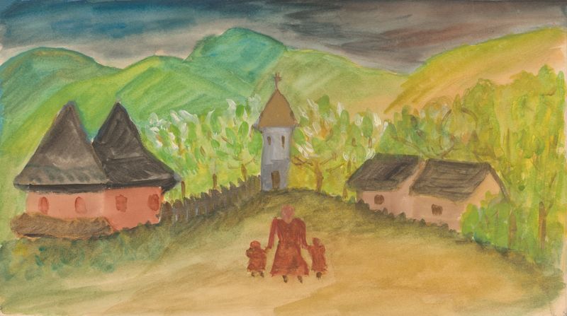 Realism artwork by Ján Novák depicting a mother with children in a rural setting