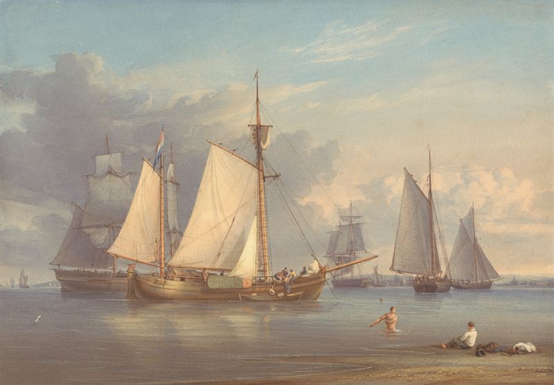 Dutch Fishing Boats at Anchor in an Estuary by William Joy, oil painting depicting fishing boats on calm water