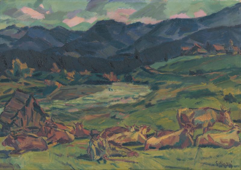 Resting in the Pasture, óleo sobre lienzo de Gustáv Mallý, que representa una figura en un prado iluminado por el sol.