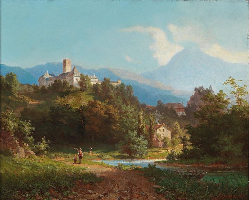 Oil painting by Josef Willroider depicting a castle and hills under a blue sky.