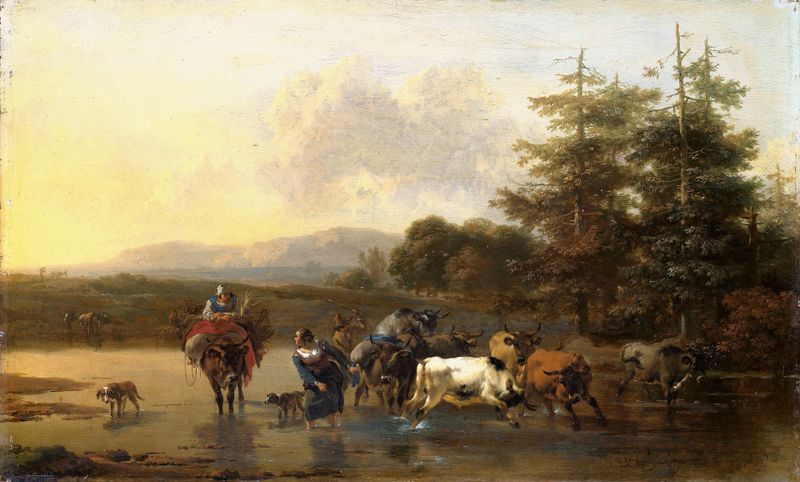 O Rebanho de Gado de Nicolaes Pietersz Berchem, óleo sobre tela representando vacas pastando ao sol.