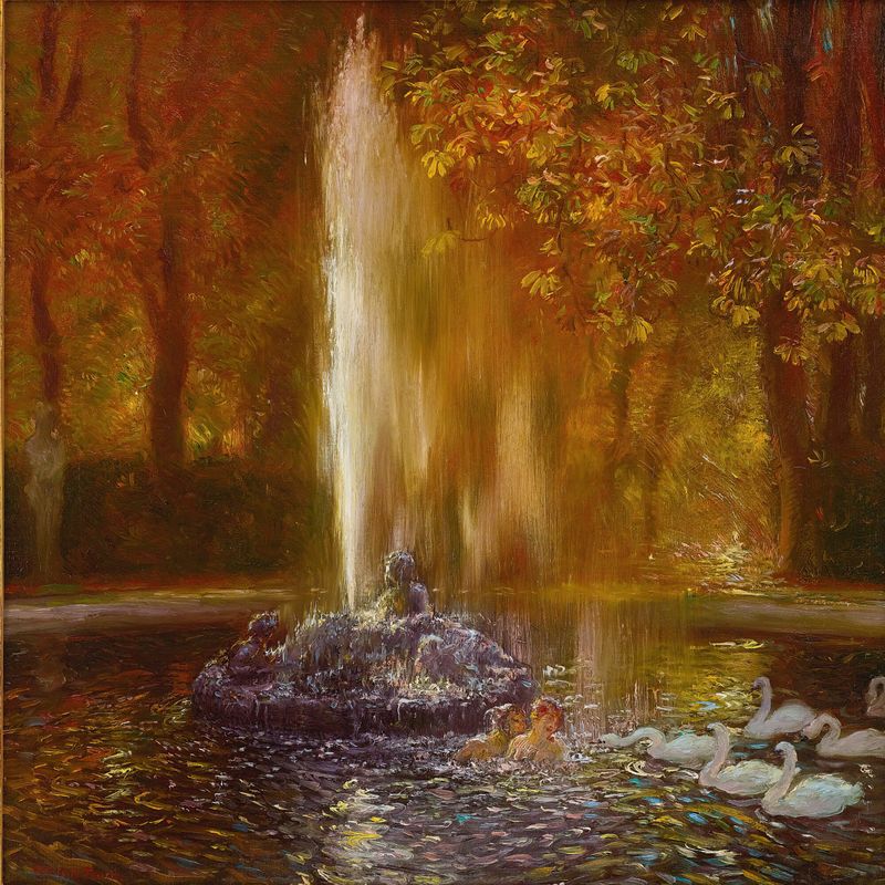 Le Jet D’eau De Versailles by Gaston La Touche, oil on canvas, depicting a fountain in a garden.
