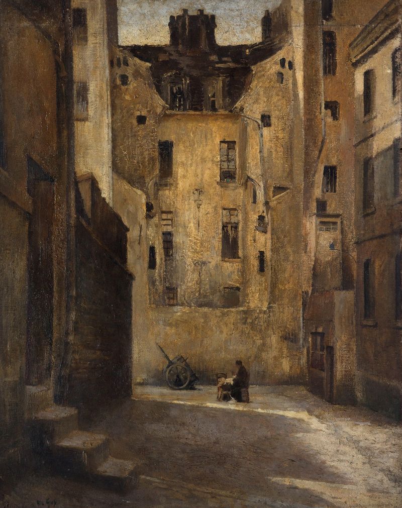 L’impasse des Bœufs de Hippolyte Guy, pintura al óleo que muestra ganado al atardecer