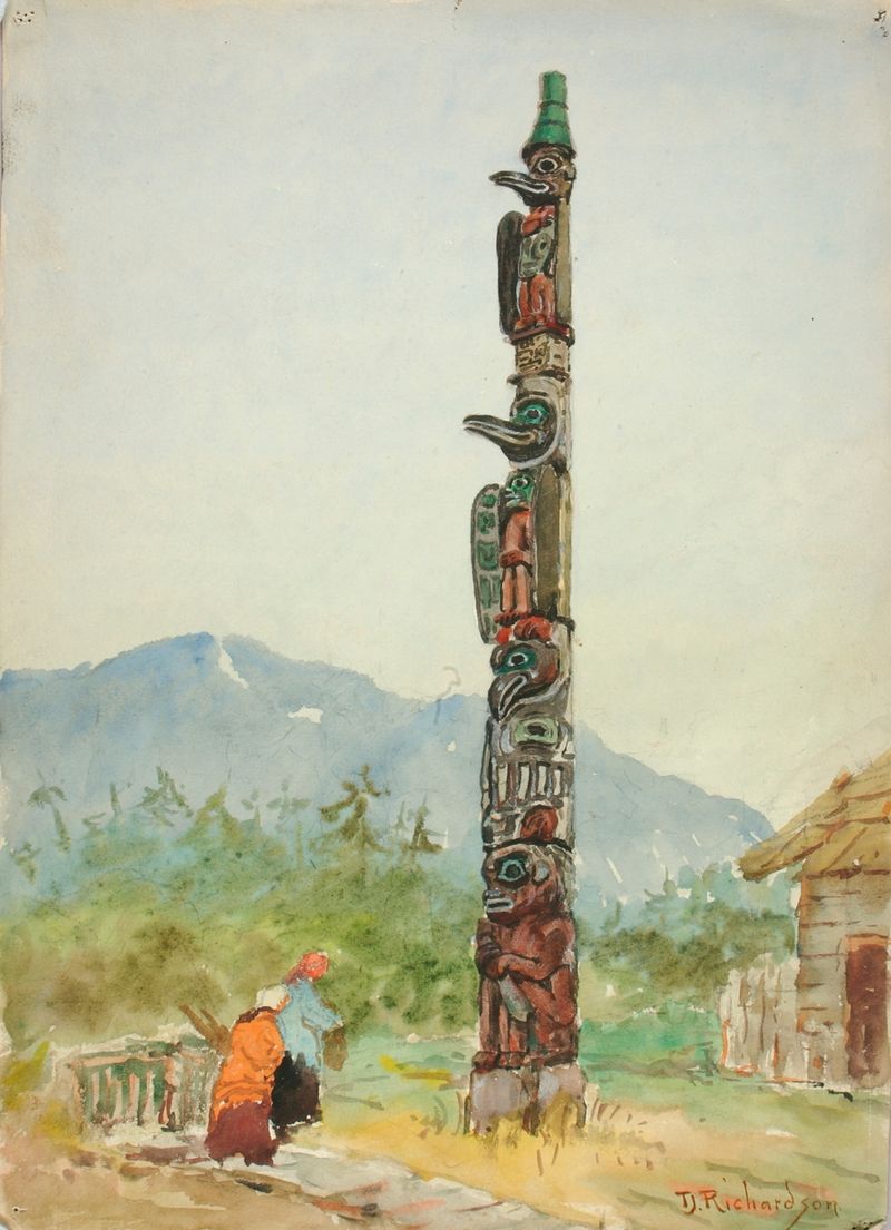 Tallado figurativo de un tótem de cuervo de Theodore J. Richardson