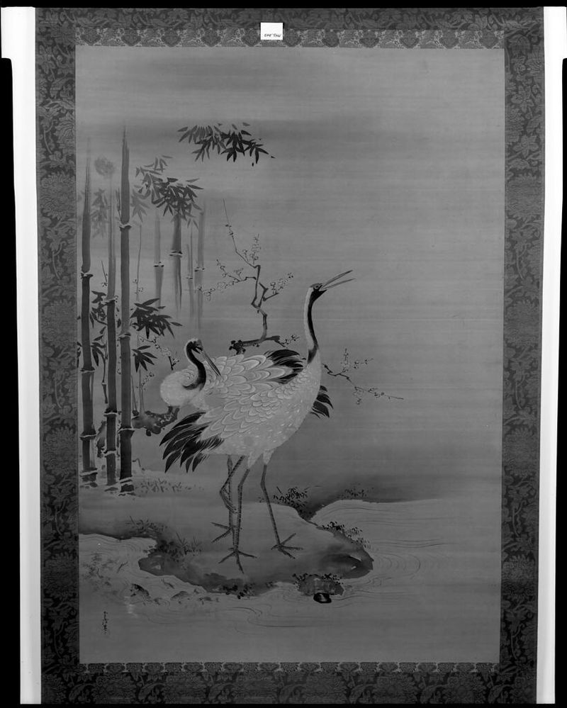 Cranes by Kano Tsunenobu, silk artwork depicting two elegant cranes