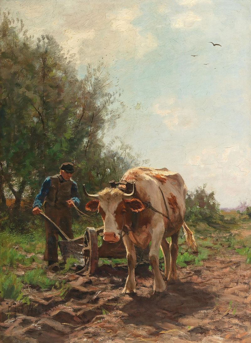 Escena de género que representa trabajadores en un campo, pintura al óleo de Hermann Johannes van der Weele
