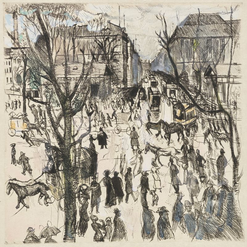 Figurative oil painting by Rudolf Grossmann depicting a bustling urban scene at Potsdamer Platz