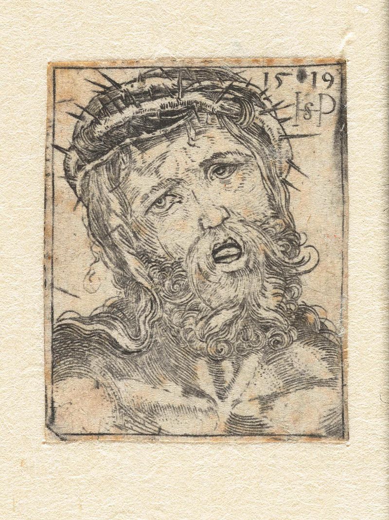 Gravura de Hans Sebald Beham representando a cabeça de Cristo com uma coroa de espinhos