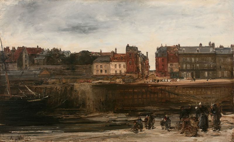 Marine scene with boats in mist, oil on canvas by Antoine Vollon