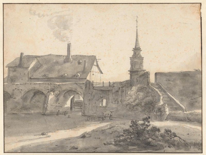 Pont des Treilles te Angers by Willem Schellinks, oil on canvas depicting a bridge over a tranquil river.
