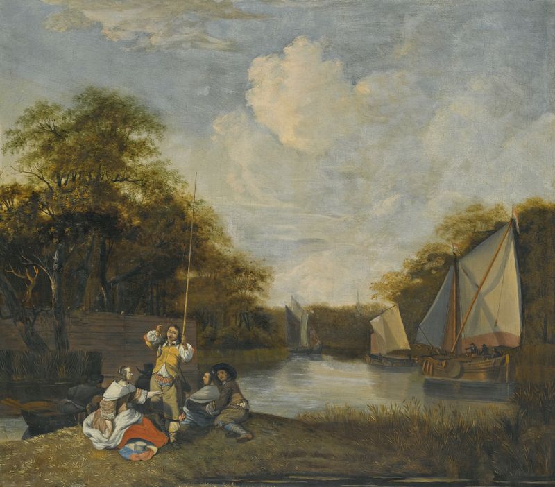 River landscape with fishermen, oil painting by Jacob Esselens
