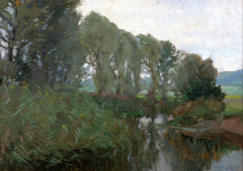 Paisaje de Felix Eisengräber, Impresionismo, que representa los tonos del crepúsculo y el follaje vibrante.