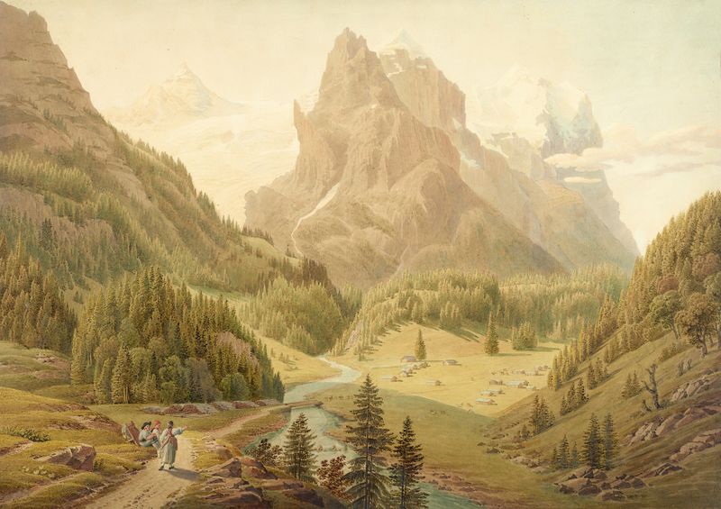 Paisagem de montanhas cobertas de neve por Gabriel Lory the Younger, óleo