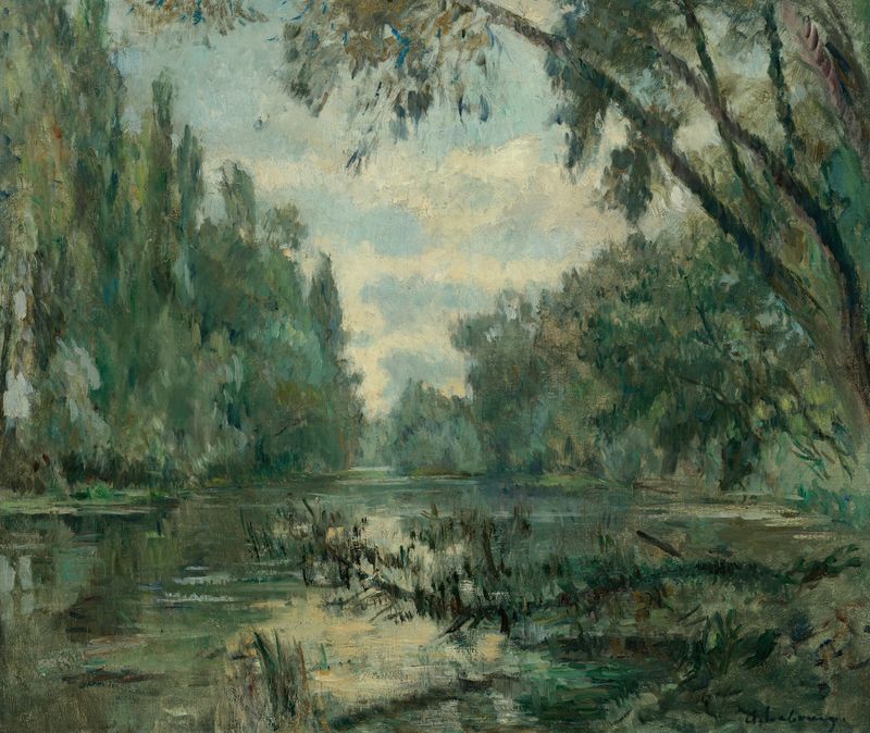 Paisagem com rio e árvores, óleo sobre tela de Albert Lebourg