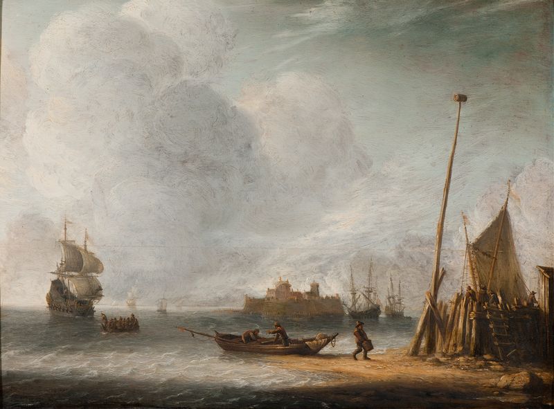 Óleo sobre lienzo de Jan Abrahamsz Beerstraaten que muestra una escena costera con olas y luz solar.
