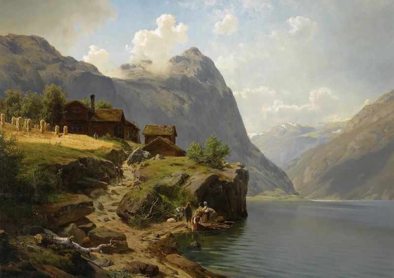 Figures In A Mountainous River Landscape, oil on canvas by Johan Fredrik Eckersberg