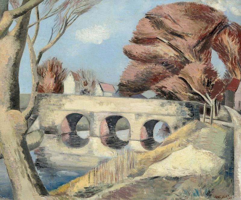 The Bridge, Romney Marsh by Paul Nash, oil on canvas depicting a wooden bridge over a tranquil marsh