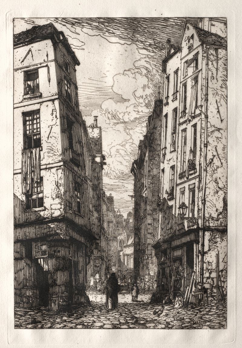 Engraving by Maxime Lalanne of Rue des Marmousets, featuring old Paris architecture.