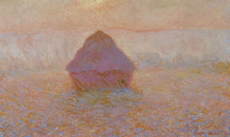 Grainstack - Sun in the Mist de Claude Monet, pintura a óleo que mostra um monte de grãos na névoa
