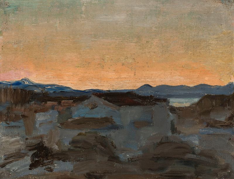 Paisaje de Corfú de Jan Ciągliński, óleo sobre lienzo, con aguas azules y colinas distantes.