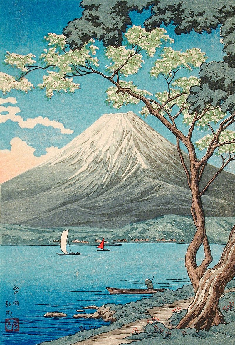 Woodblock print by Takahashi Hiroaki depicting Mount Fuji and Lake Yamanaka with clouds