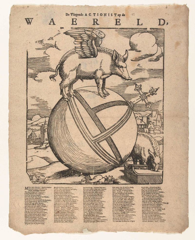 Cerdo alado en el mundo, grabado de Cornelis Anthonisz
