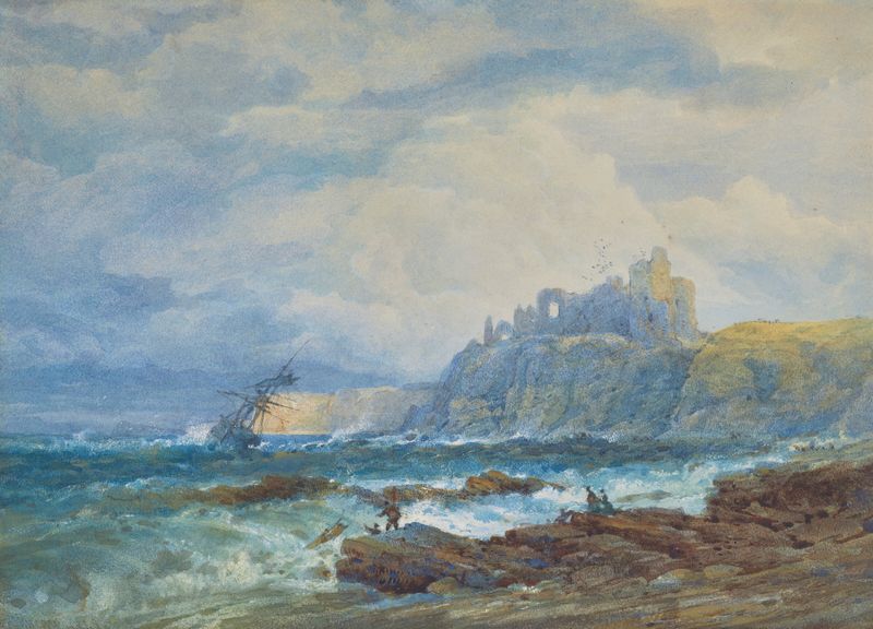 A ship in distress off Tantallon Castle, Scotland, oil painting by Edward Duncan