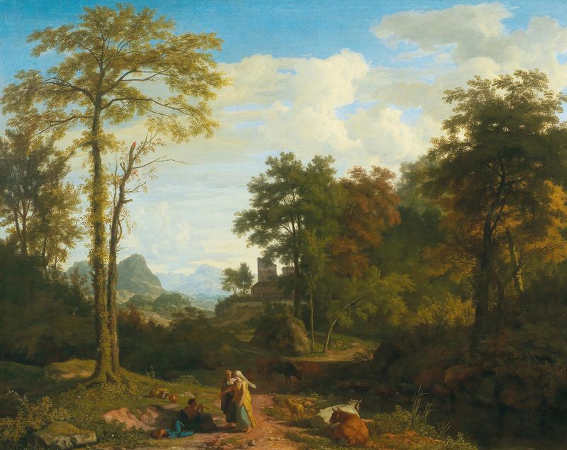 A southern landscape with travellers and a fortified town, oil on canvas by Johannes Glauber.
