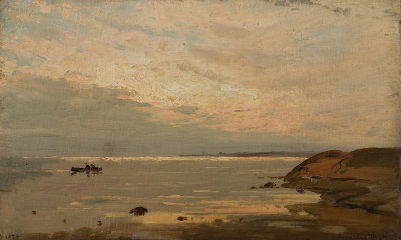 Aften ved Hvaler de Amaldus Nielsen, óleo sobre lienzo que muestra una tranquila tarde costera.