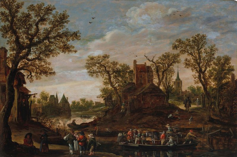 El Ferry de Jan van Goyen, óleo sobre lienzo que muestra un ferry en un río tranquilo al atardecer.