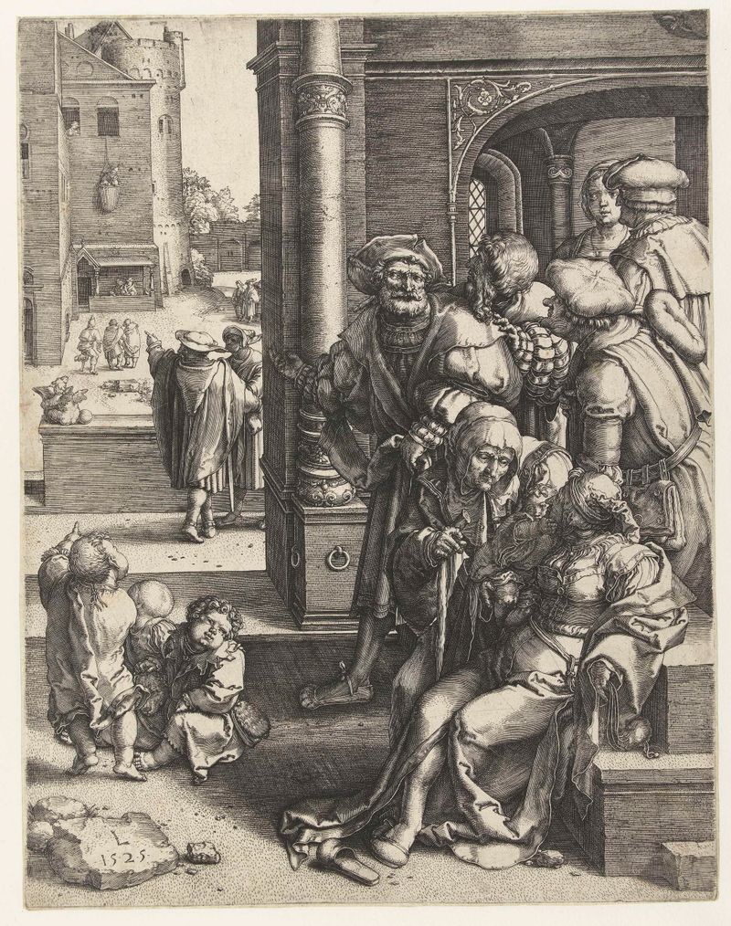 Grabado de Lucas van Leyden que muestra a Virgilio en una cesta, suspendido de una torre.