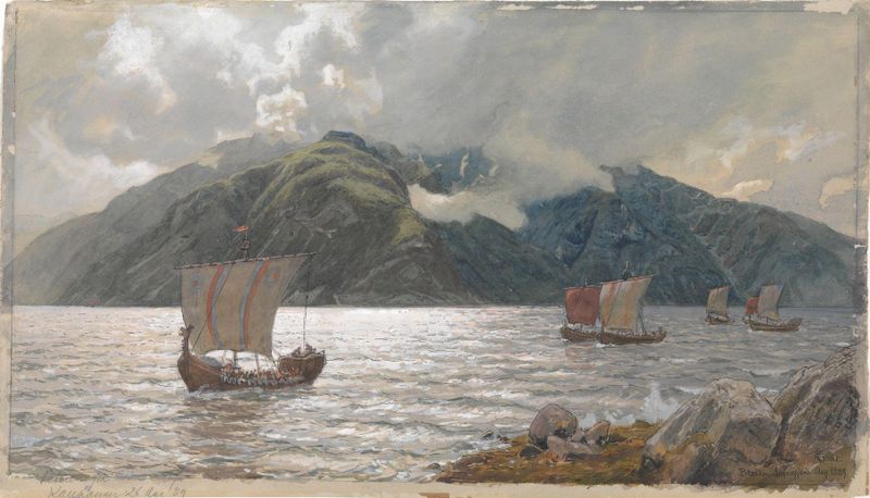 Viking Ships de Hans Gude, óleo sobre lienzo, representando majestuosos barcos navegando en un océano sereno.