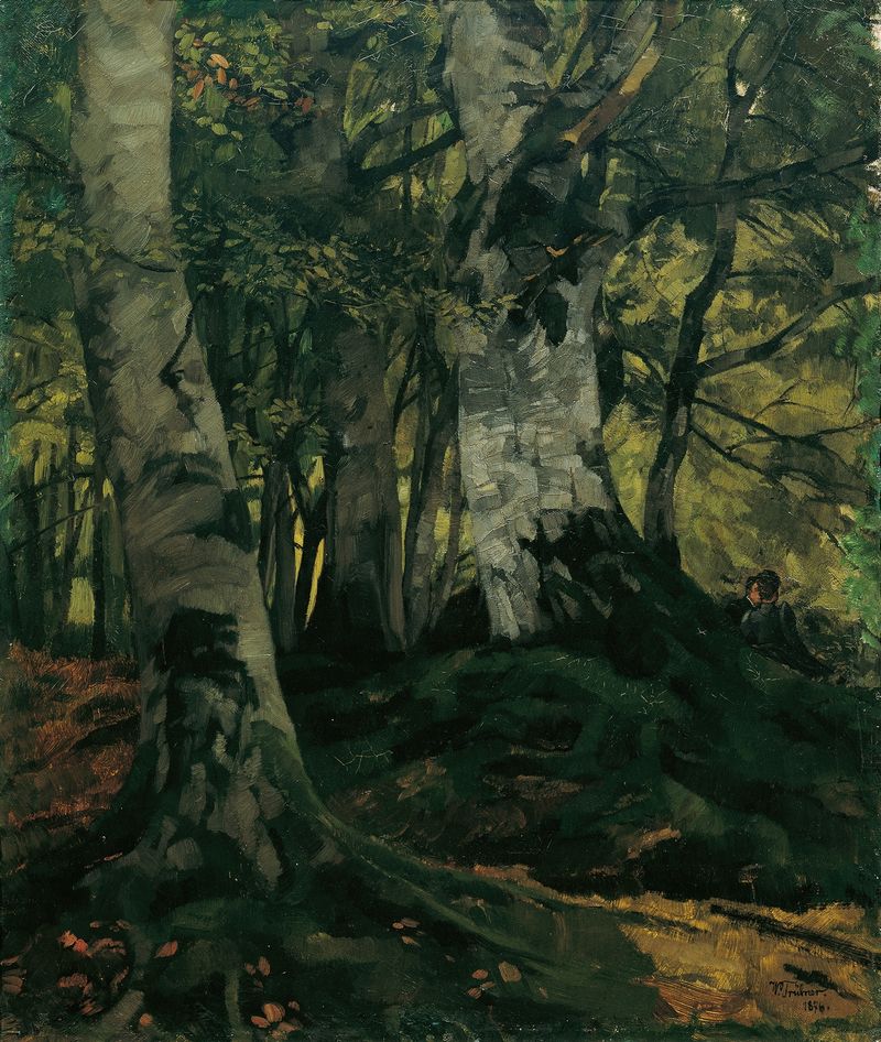 Oil painting by Wilhelm Trübner depicting a couple among lush greenery.