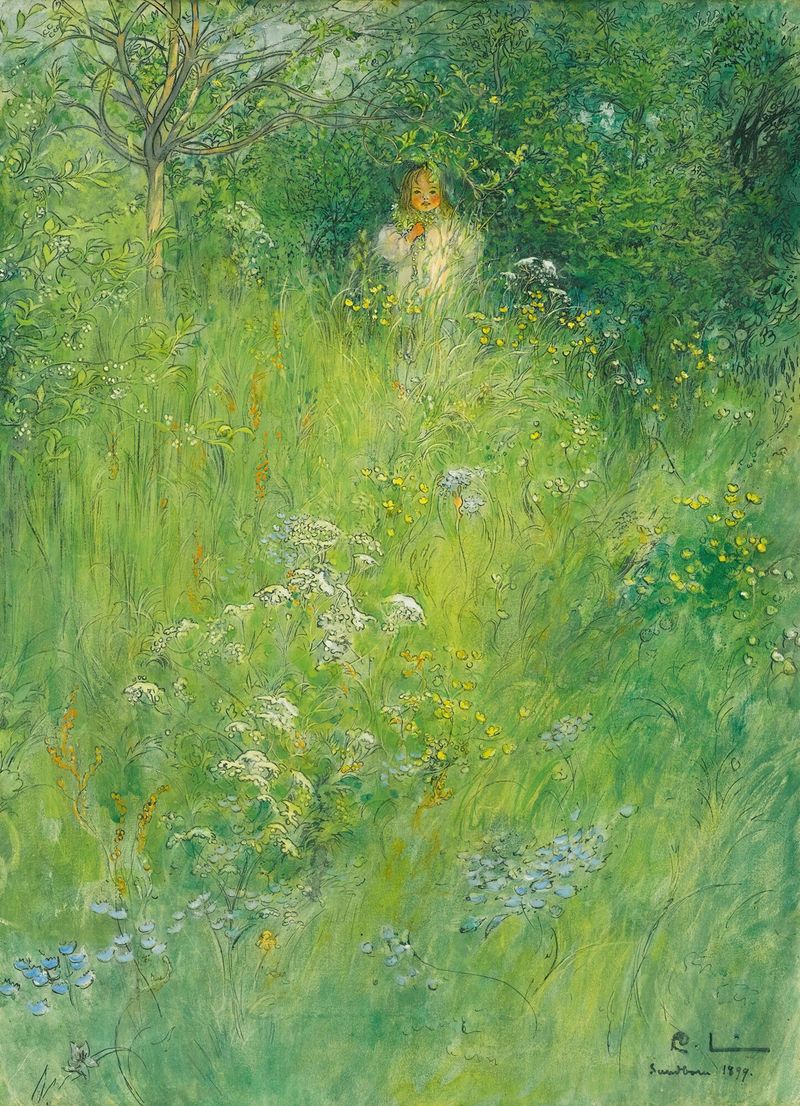 A Fairy (Kersti In The Meadow) by Carl Larsson, oil painting of a girl in a lush meadow.