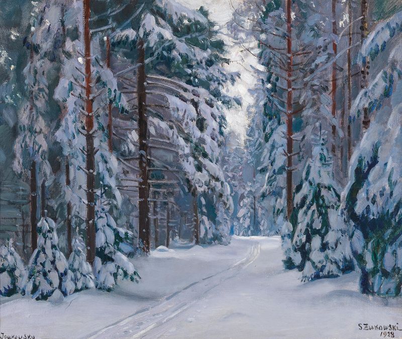 Verschneiter Waldweg by Stanislaw Zukowski, oil painting of a snowy forest path