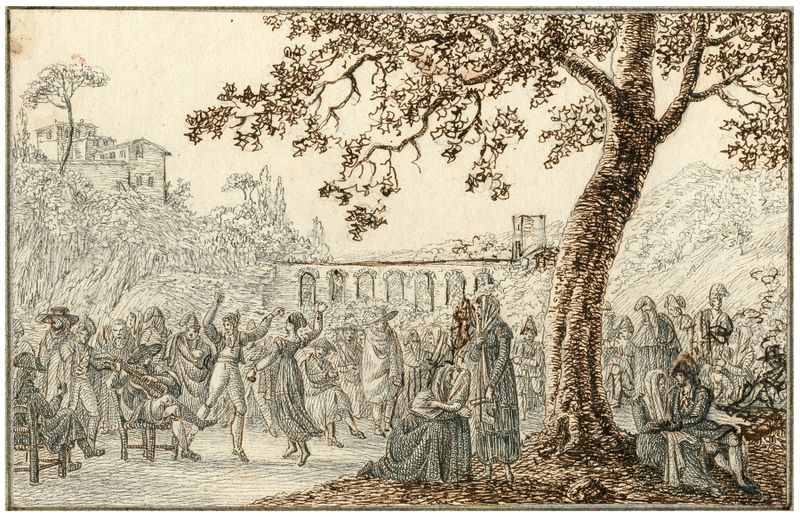 Genre scene depicting musicians and dancers in a vibrant style by Otto Howen