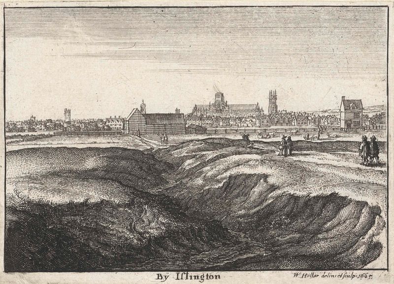 Gravura de Wenceslaus Hollar mostrando um caminho sinuoso e um greppel em uma paisagem.