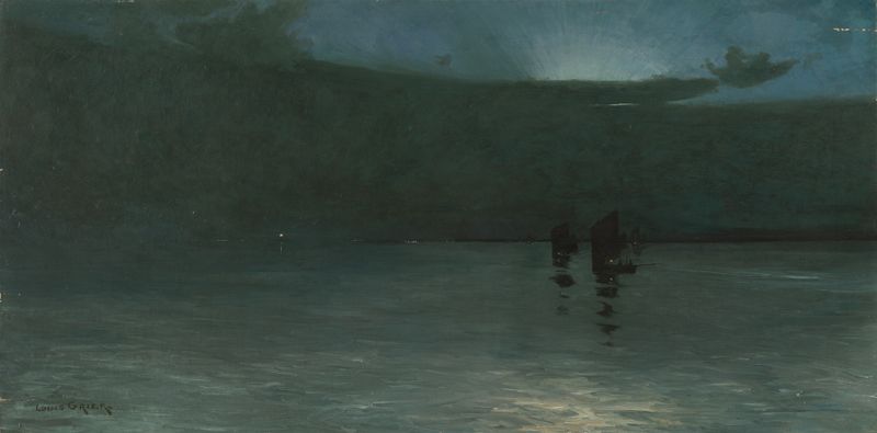 Estuary Evening de Louis Munro Grier, Impresionismo, que representa un paisaje sereno con reflejos del crepúsculo en el agua.
