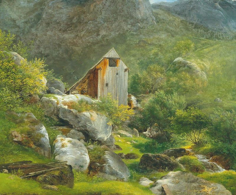 Landscape featuring a stream and mountains, oil painting by Franz Steinfeld