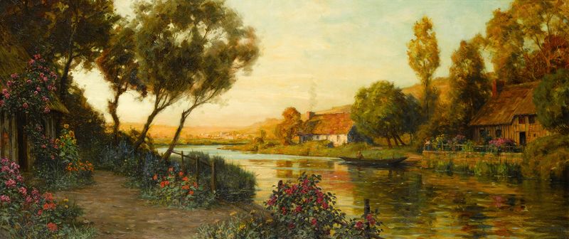 Pintura al óleo de Louis Aston Knight que representa un atardecer sobre el Valle de Risle.