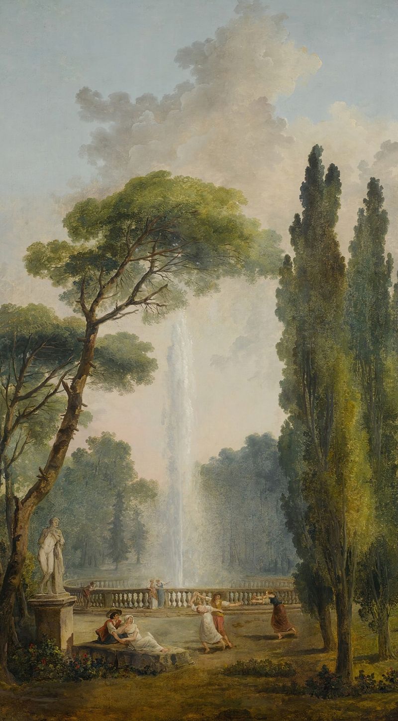 Cena de gênero rococó com figuras dançando ao redor de uma fonte por Hubert Robert