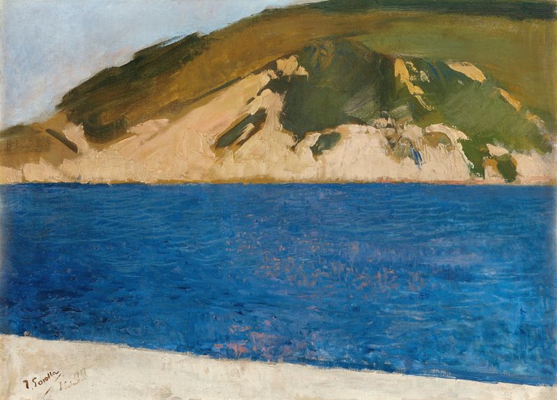 Oil painting of Monte Ulía by Joaquín Sorolla depicting waves and shore