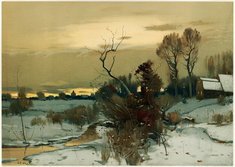 Winter landscape by John Francis Murphy, oil painting of a serene snowy scene.
